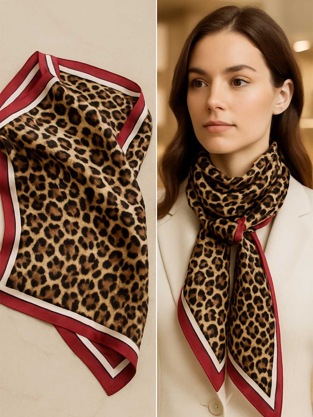 Leopard with Contrast Border Scarf in Tan, Black & Burgundy – TK90SC143