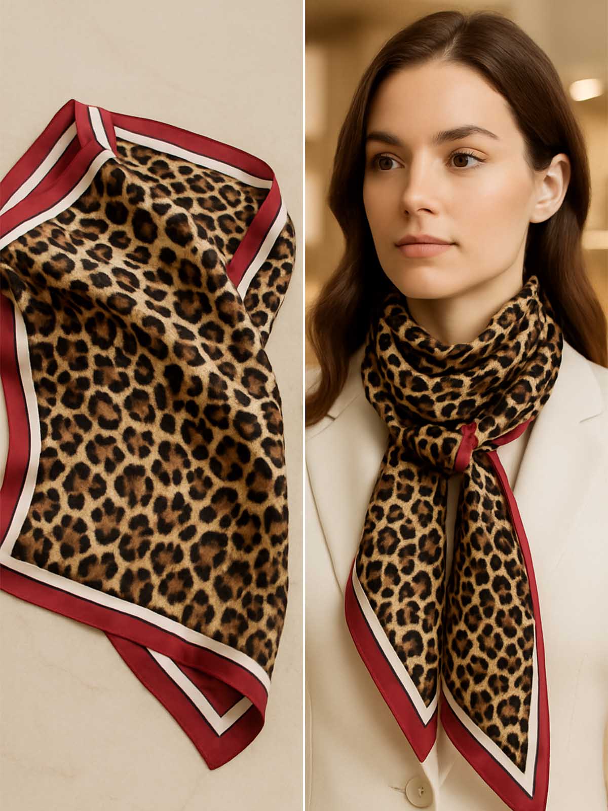 Leopard with Contrast Border Scarf in Tan, Black & Burgundy – TK90SC143