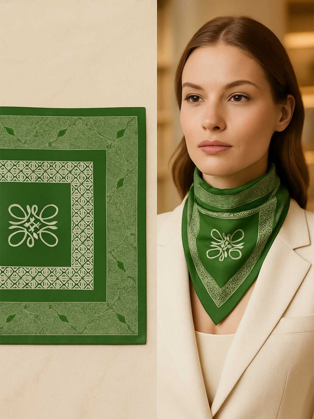 Framed Logo-style Center Panel Scarf in Green & Ivory – TK90SC120