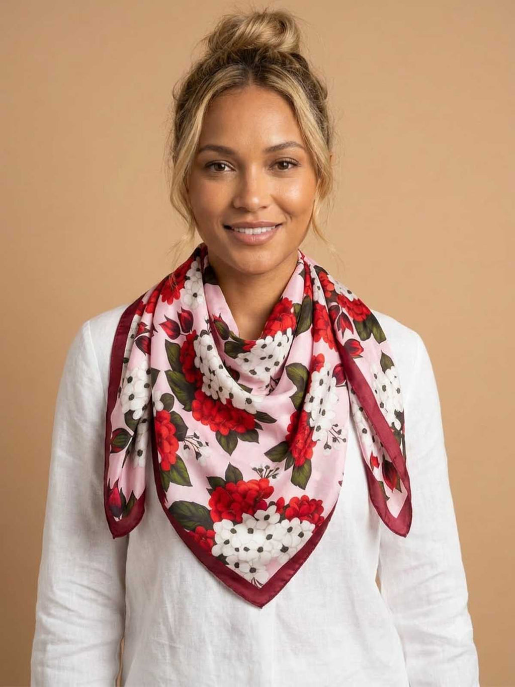 Allover Floral Scarf in White, Red & Green – TK90SC151