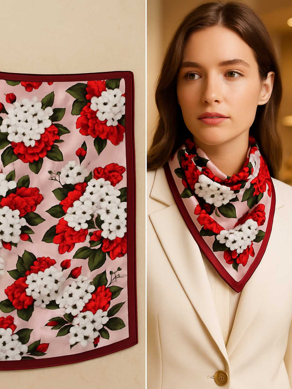 Allover Floral Scarf in White, Red & Green – TK90SC151