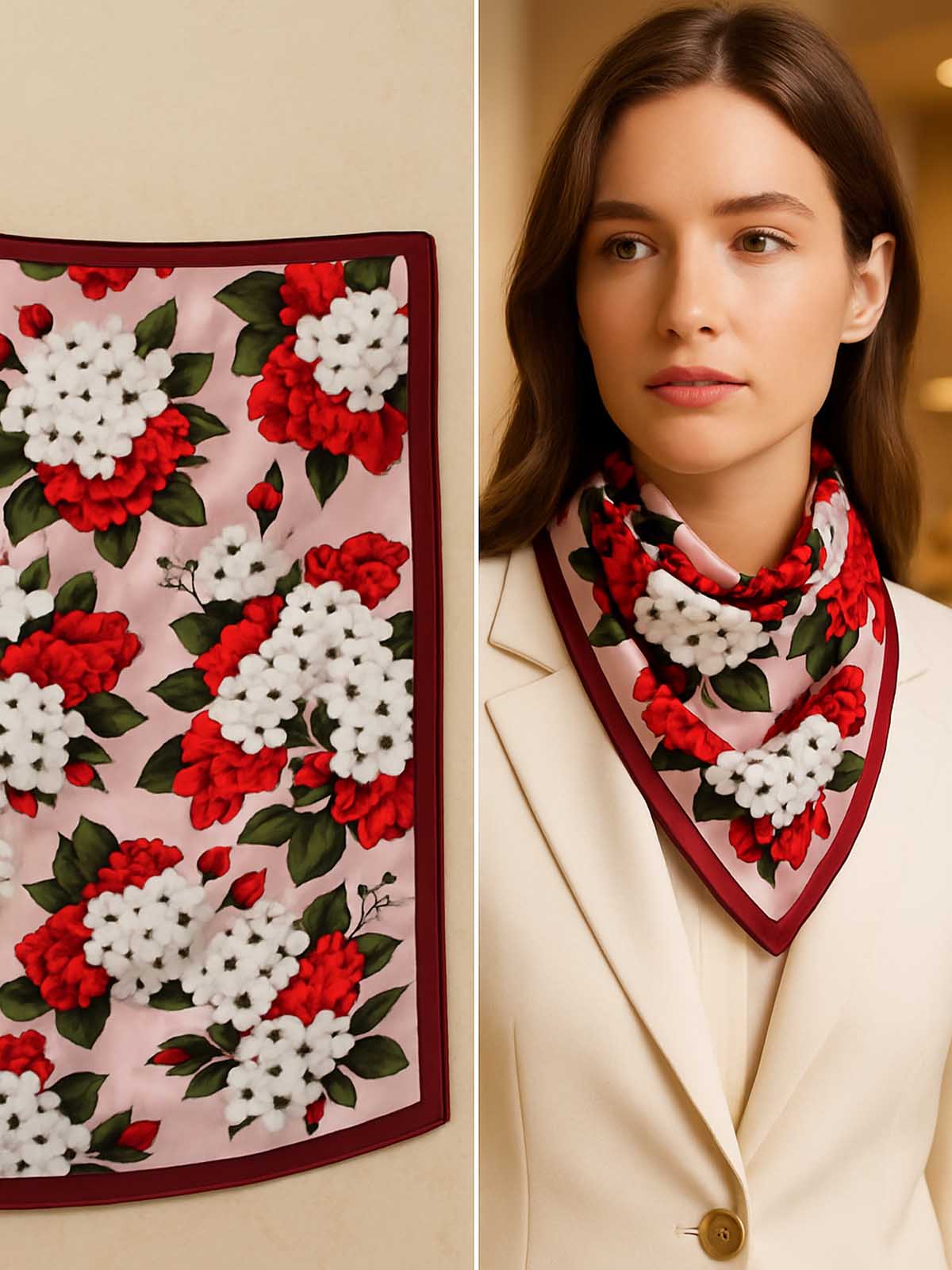 Allover Floral Scarf in White, Red & Green – TK90SC151