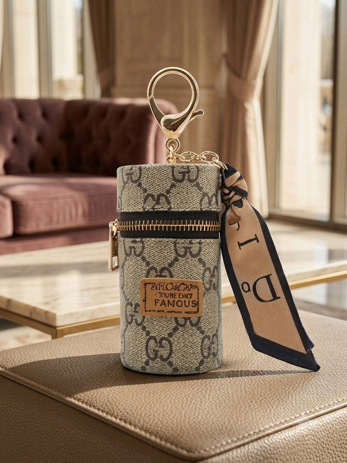 Gray patterned cylindrical mini pouch with scarf tail Keychain | KCIN153